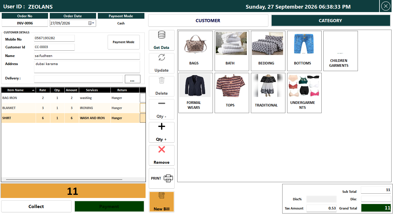 Laundry order and billing screen with garment services, customer details and payment controls
