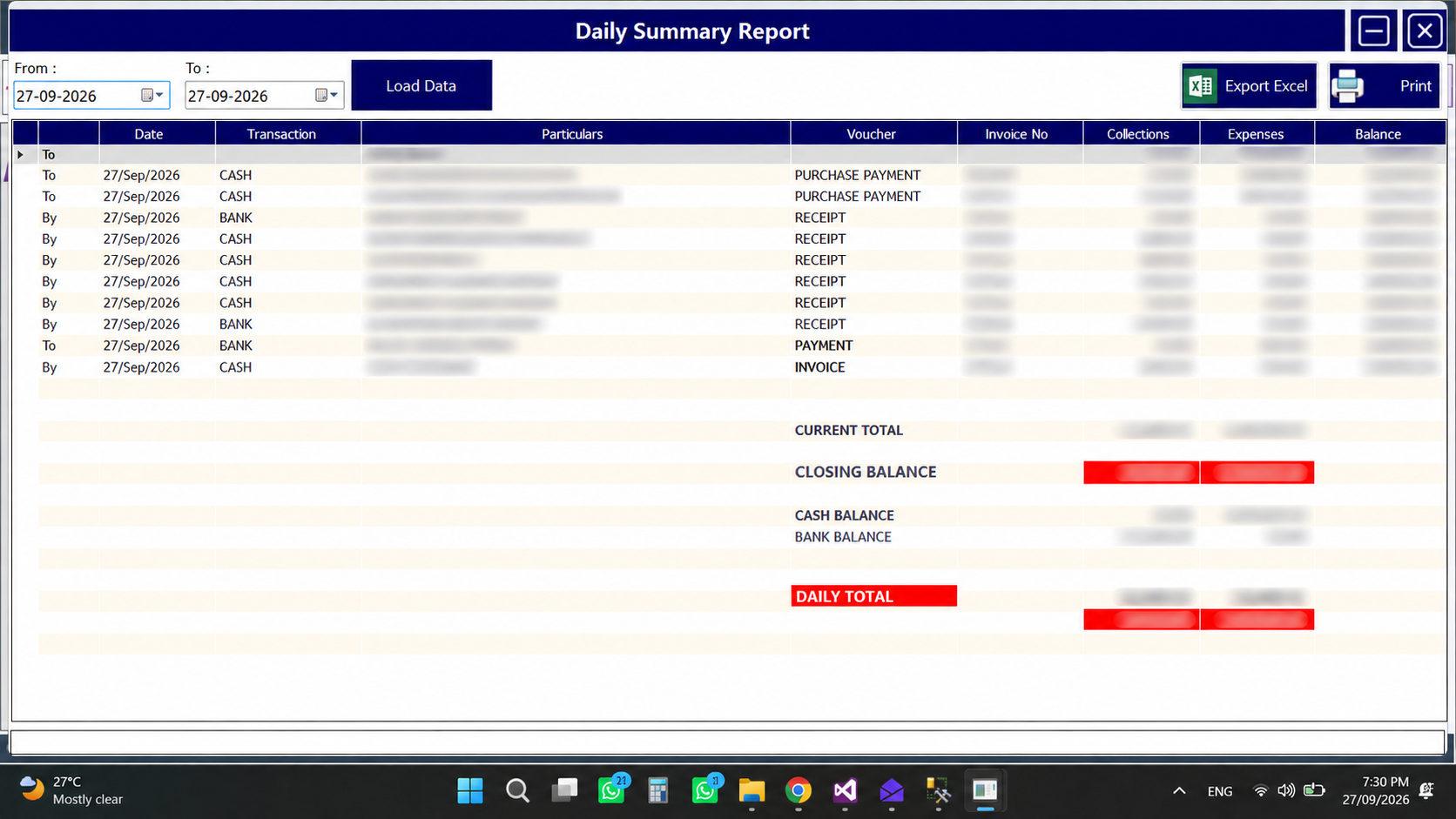 Meat Shop edition daily accounting summary with transaction figures obscured