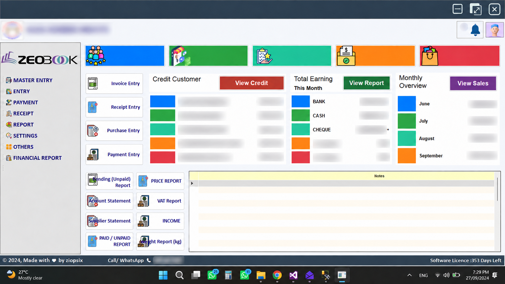 Meat Shop edition software dashboard with customer and financial information obscured