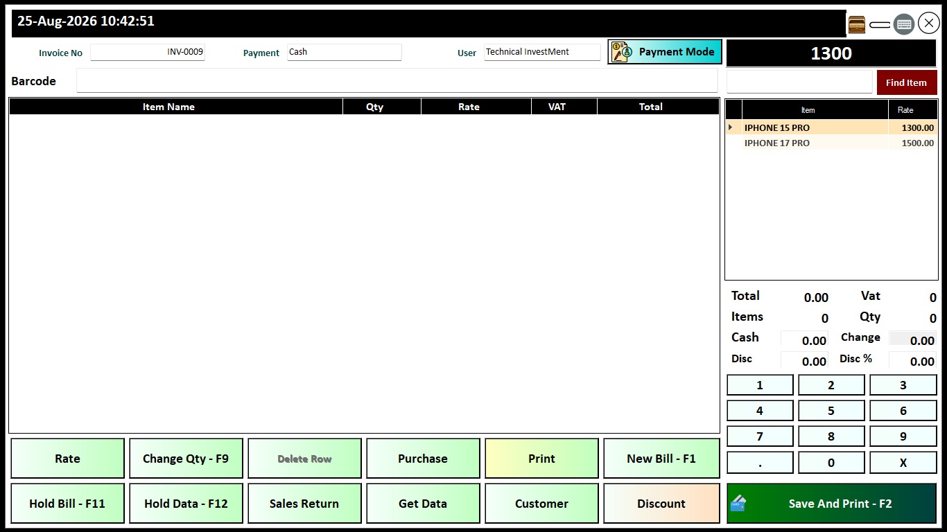 Retail POS checkout screen showing barcode entry, product search and payment controls