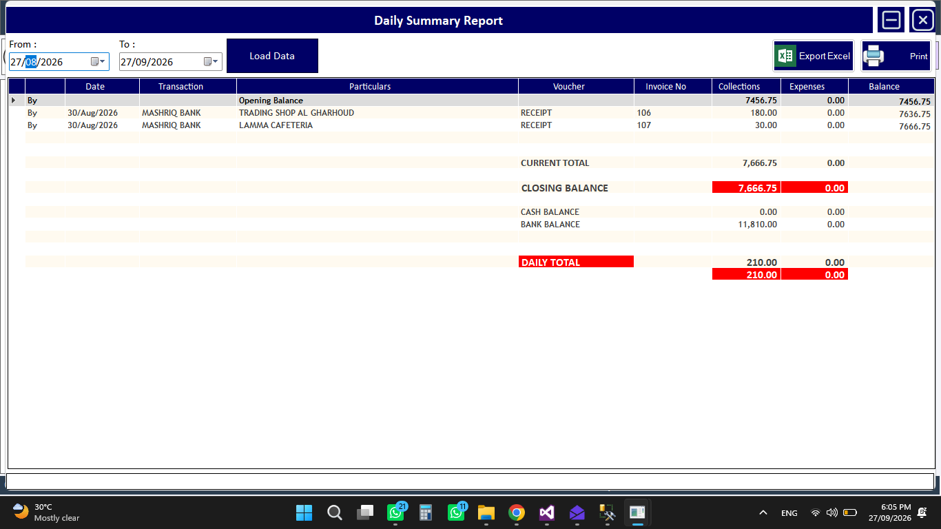 ZeoBook daily summary report with collections, expenses and closing balance columns