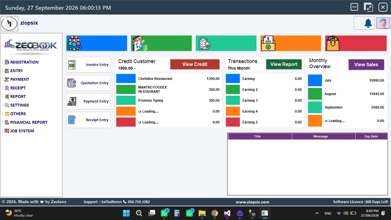 ZeoBook dashboard with invoice, payment, receipt and financial report navigation
