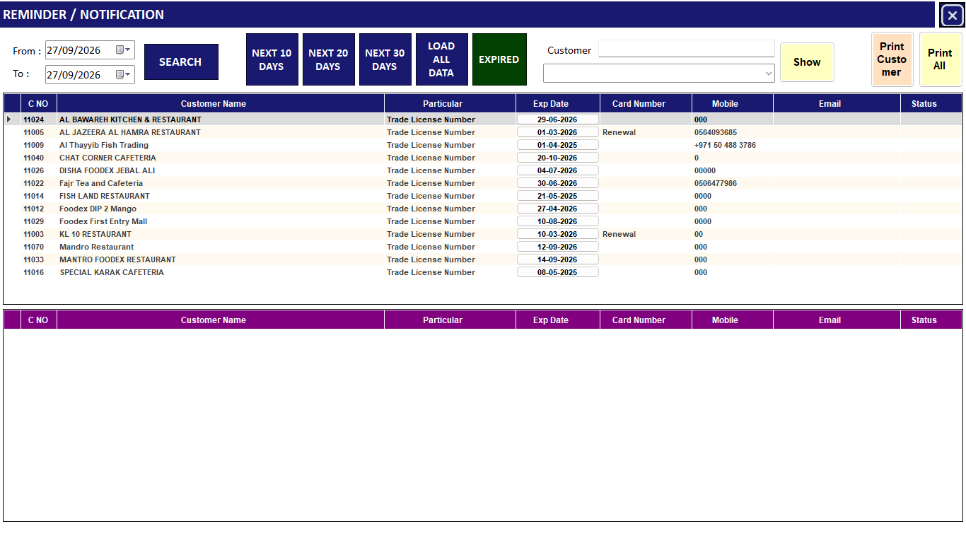 ZeoBook reminder and notification screen with customer records and expiry dates