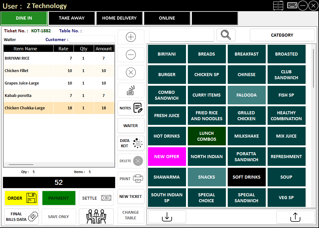 ZioPOS dine-in billing and KOT screen for restaurant operations in Dubai