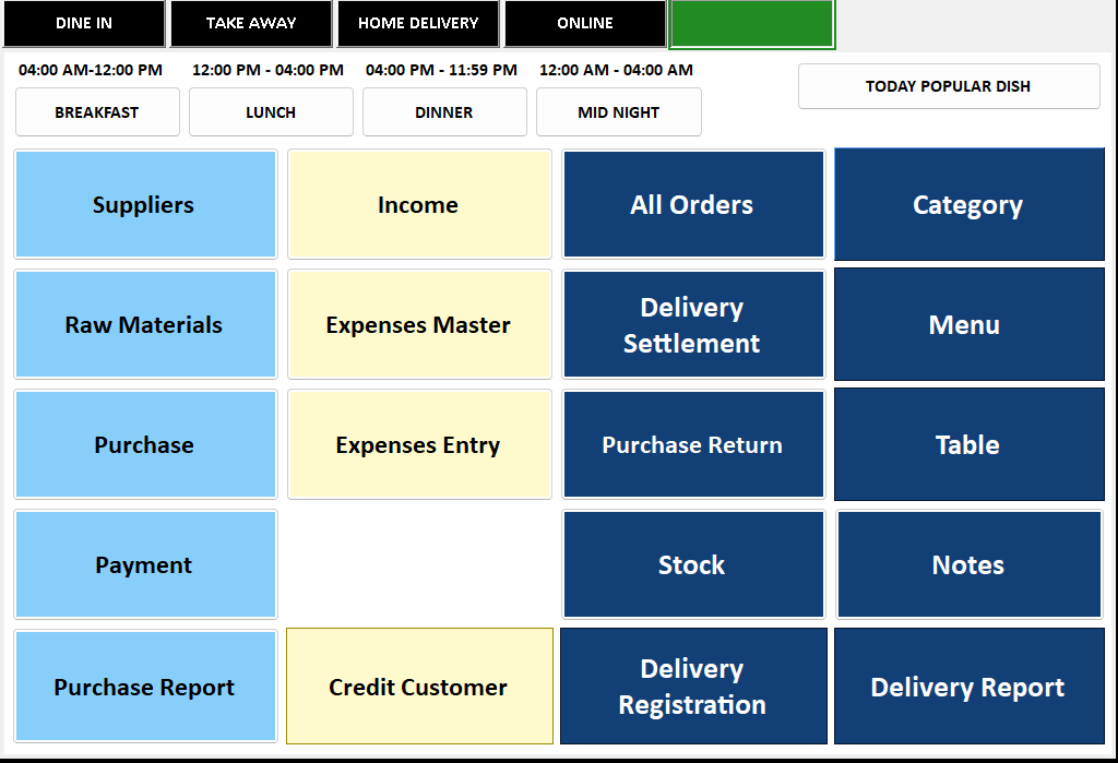 ZioPOS restaurant inventory and purchase management menu with stock and raw material options